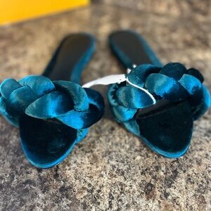 Bottega Veneta Teal Velvet Braided Sandals